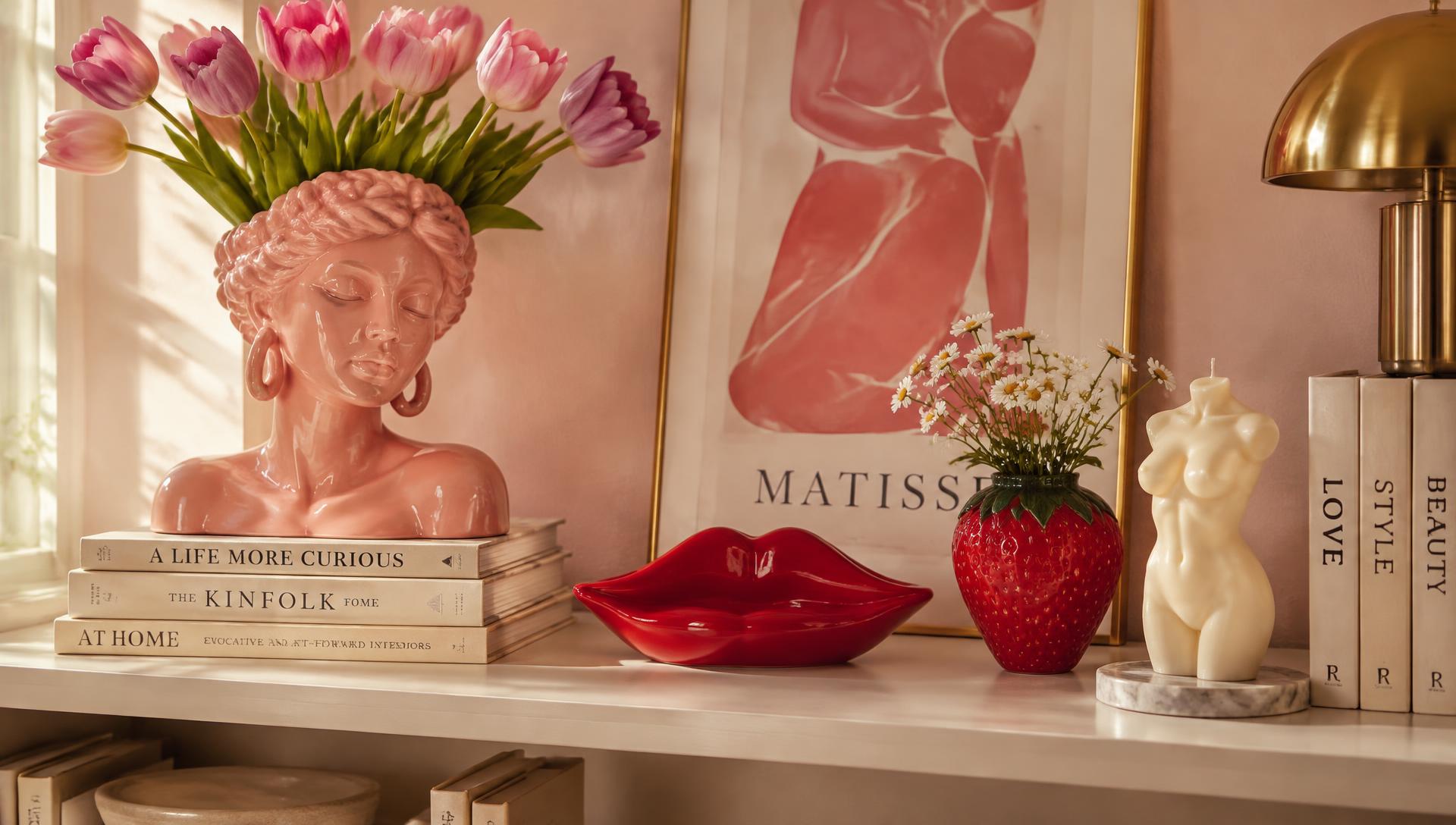 Vases et bougies Rose Punch sur une étagère